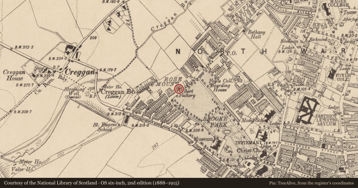 Ordnance Survey six-inch map, 2nd edition (1888–1915) covering the location of 63 Rosemount Avenue, Londonderry, Derry City and Strabane, with a pin at the register's coordinates