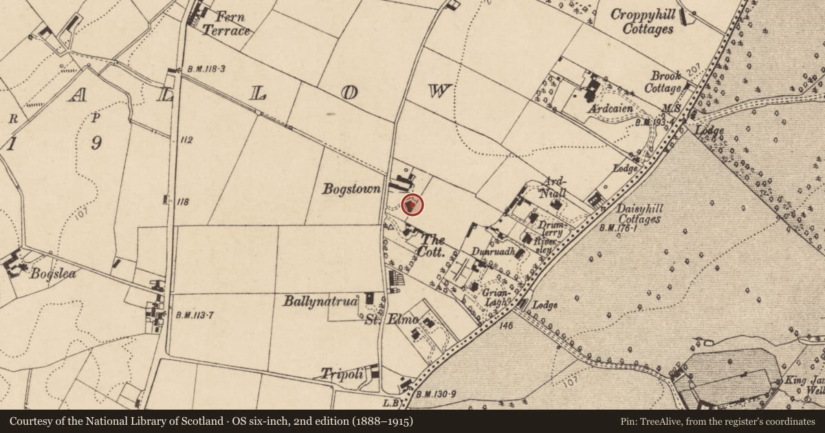 Ordnance Survey six-inch map, 2nd edition (1888–1915) covering the location of Gurteen, Londonderry, Derry City and Strabane, with a pin at the register's coordinates