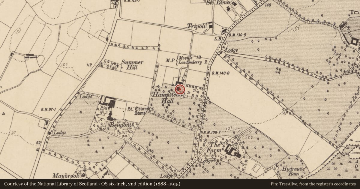 Ordnance Survey six-inch map, 2nd edition (1888–1915) covering the location of Hampstead Hall, Shantallow, Derry City and Strabane, with a pin at the register's coordinates