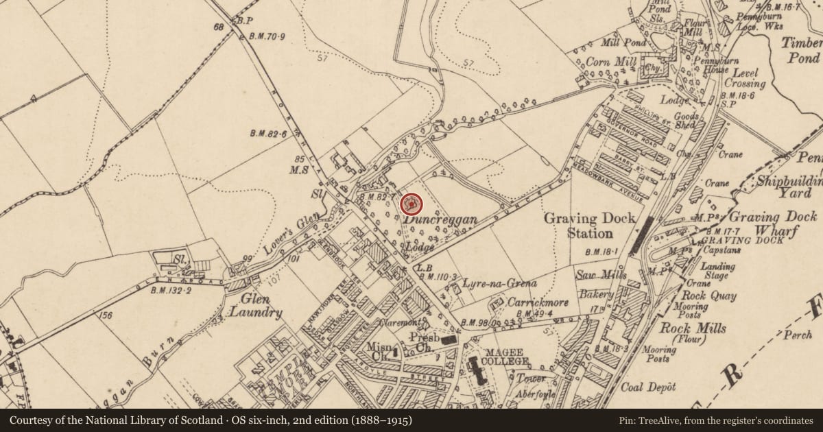 Ordnance Survey six-inch map, 2nd edition (1888–1915) covering the location of Foyle & Londonderry College, Derry City and Strabane, with a pin at the register's coordinates