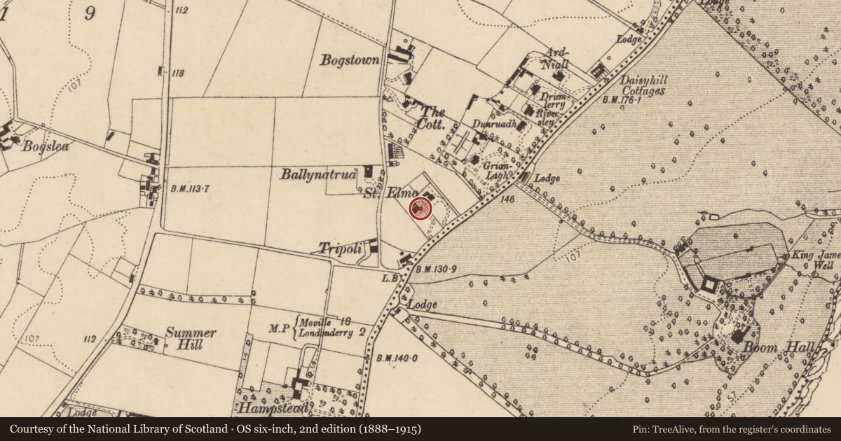 Ordnance Survey six-inch map, 2nd edition (1888–1915) covering the location of Sorrento, Londonderry, Derry City and Strabane, with a pin at the register's coordinates