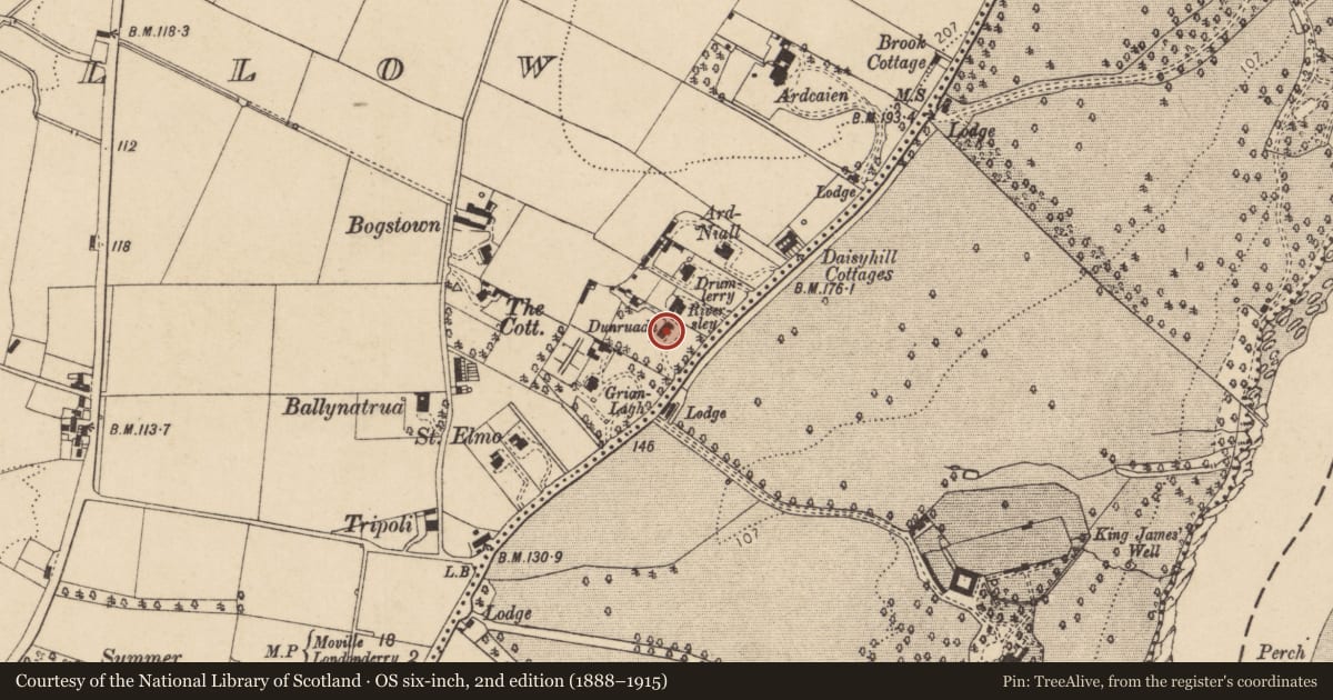 Ordnance Survey six-inch map, 2nd edition (1888–1915) covering the location of Dunruadh, Londonderry, Derry City and Strabane, with a pin at the register's coordinates
