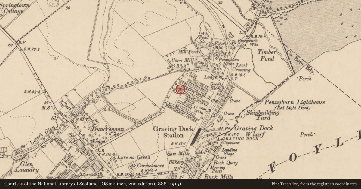 Ordnance Survey six-inch map, 2nd edition (1888–1915) covering the location of Ash Villa, Londonderry, Derry City and Strabane, with a pin at the register's coordinates