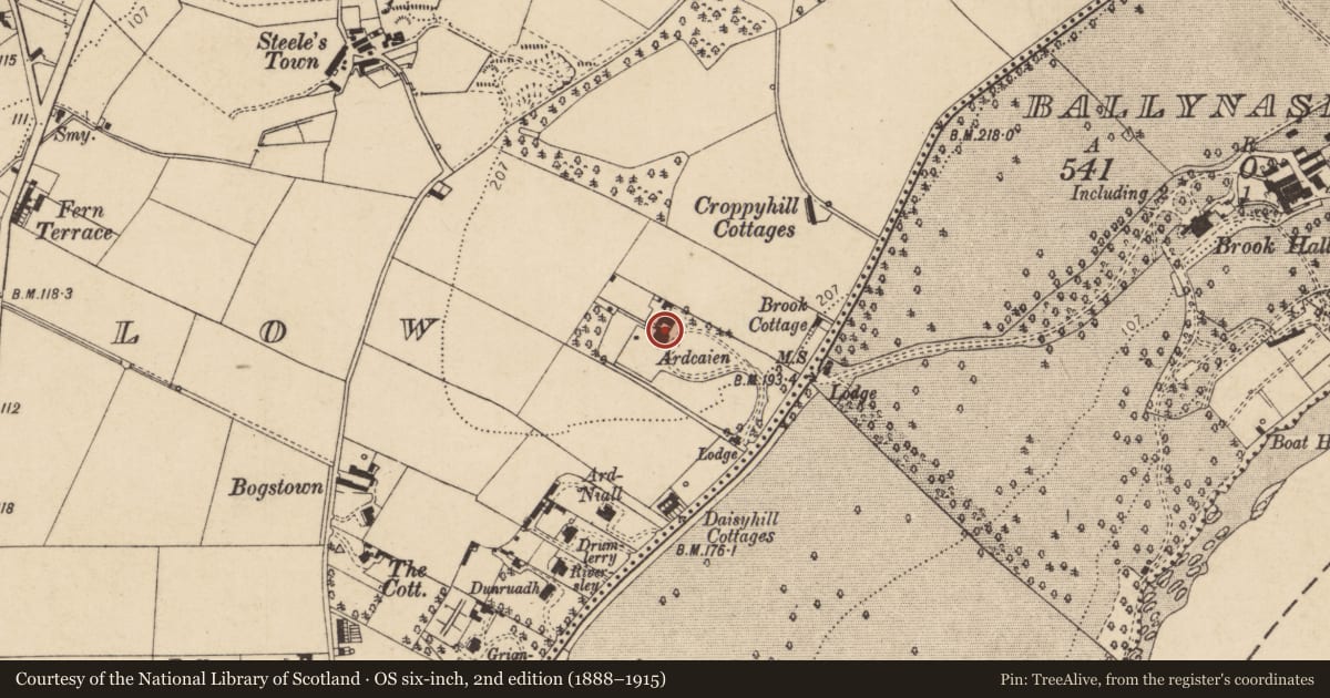 Ordnance Survey six-inch map, 2nd edition (1888–1915) covering the location of Ardcaien, Shantallow, Derry City and Strabane, with a pin at the register's coordinates