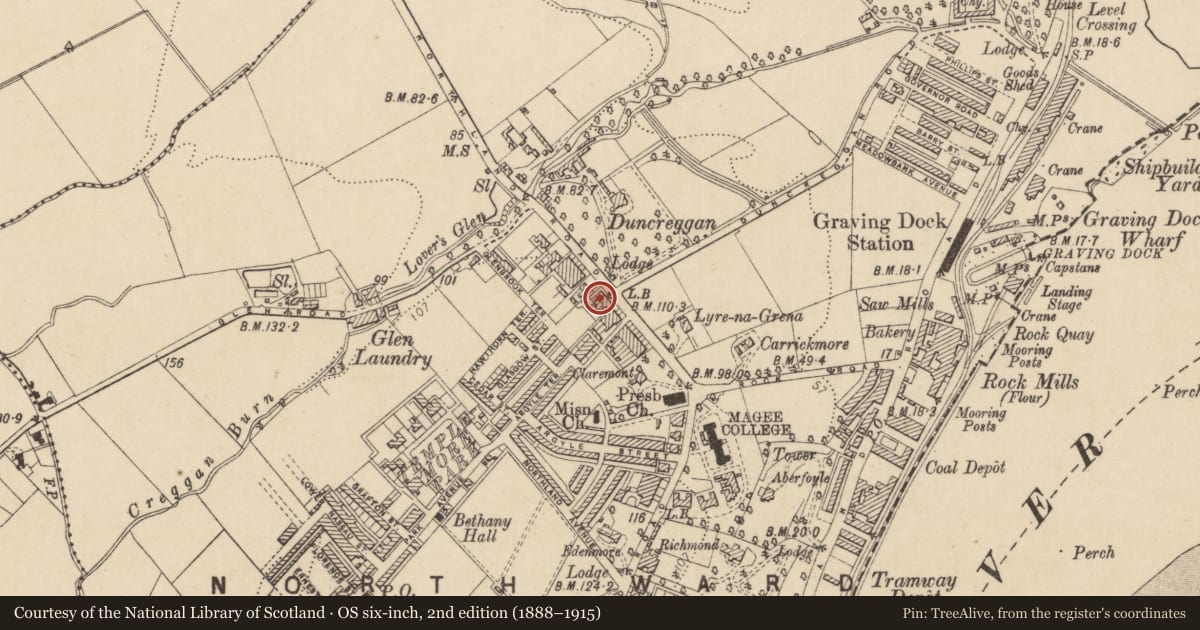 Ordnance Survey six-inch map, 2nd edition (1888–1915) covering the location of 62-66 Northland Road, Derry City and Strabane, with a pin at the register's coordinates