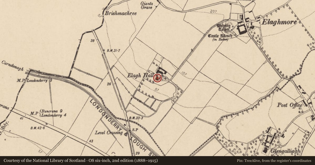 Ordnance Survey six-inch map, 2nd edition (1888–1915) covering the location of Elagh Hall, Elagh More, Derry City and Strabane, with a pin at the register's coordinates