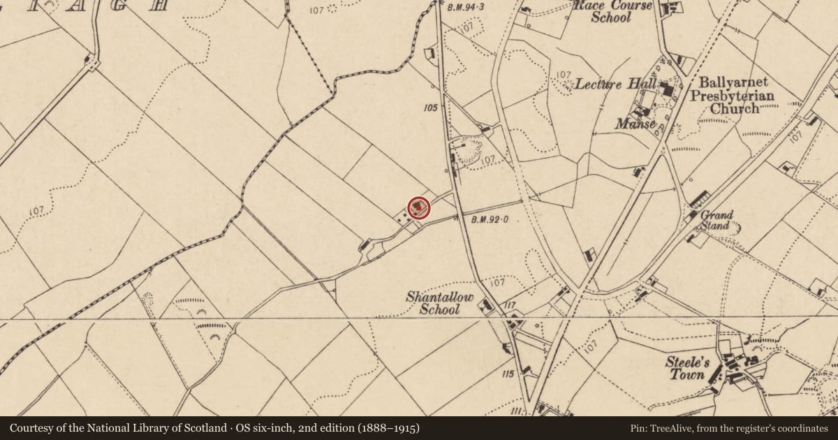 Ordnance Survey six-inch map, 2nd edition (1888–1915) covering the location of Fairview House, Shantallow, Derry City and Strabane, with a pin at the register's coordinates