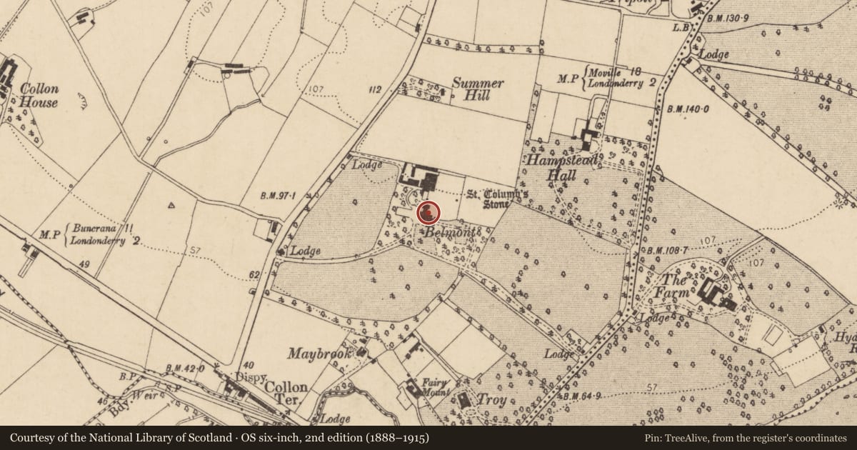 Ordnance Survey six-inch map, 2nd edition (1888–1915) covering the location of Belmont House Special School, Shantallow, Derry City and Strabane, with a pin at the register's coordinates