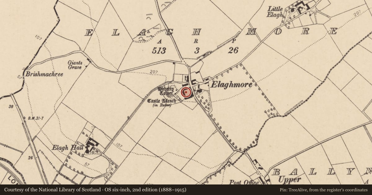 Ordnance Survey six-inch map, 2nd edition (1888–1915) covering the location of Farm Buildings, Elaghmore, Derry City and Strabane, with a pin at the register's coordinates