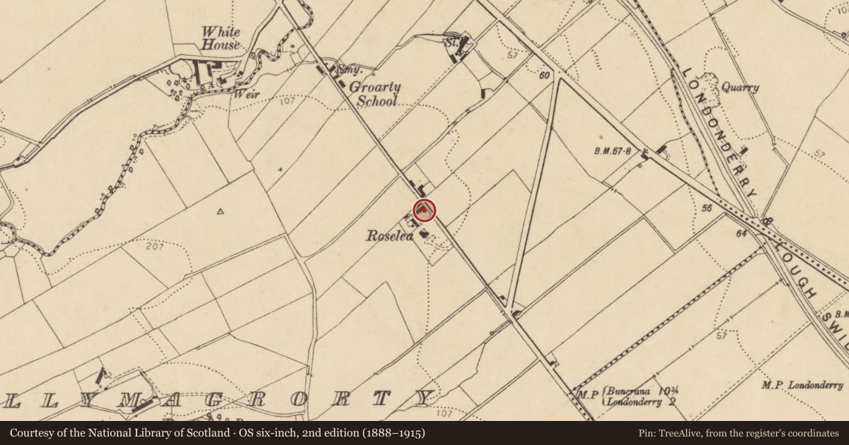 Ordnance Survey six-inch map, 2nd edition (1888–1915) covering the location of 10 Coshquin Road, Ballymagrorty, Derry City and Strabane, with a pin at the register's coordinates
