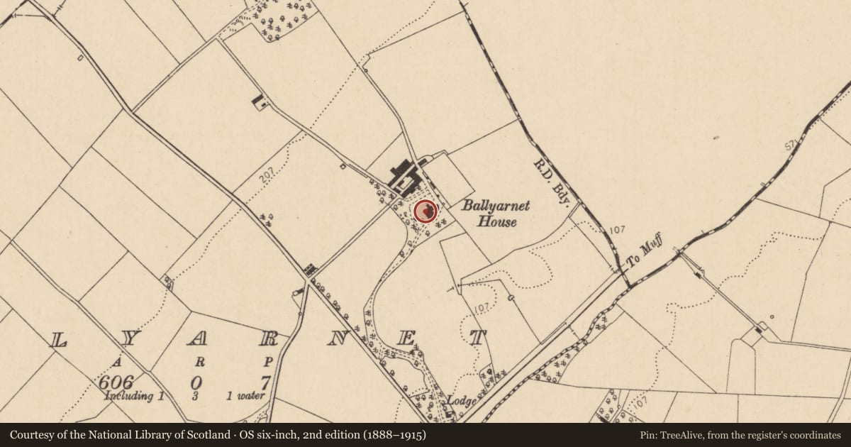 Ordnance Survey six-inch map, 2nd edition (1888–1915) covering the location of Ballyarnett House, Derry City and Strabane, with a pin at the register's coordinates