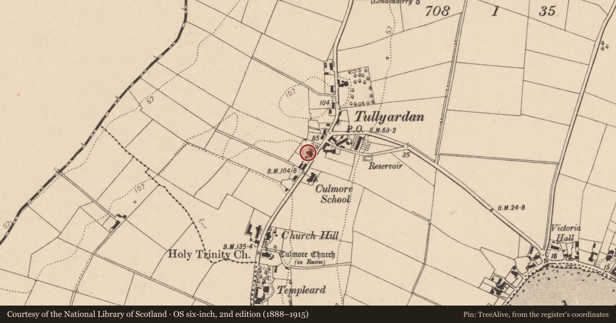 Ordnance Survey six-inch map, 2nd edition (1888–1915) covering the location of Tullyarden Lodge, Culmore, Derry City and Strabane, with a pin at the register's coordinates