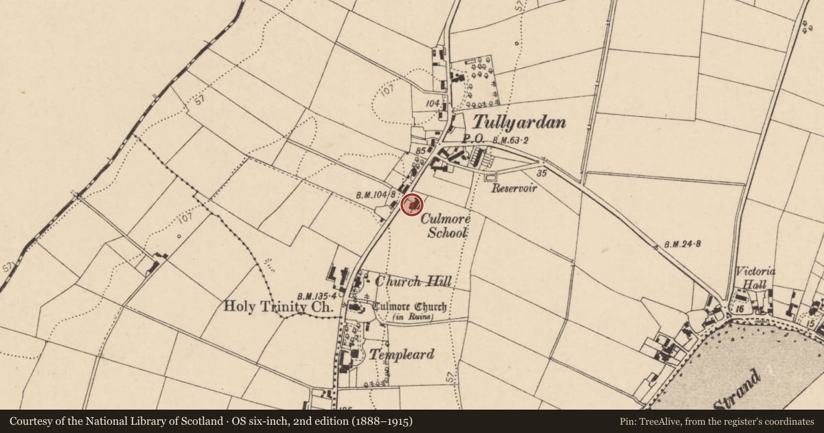 Ordnance Survey six-inch map, 2nd edition (1888–1915) covering the location of Culmore Primary School, Derry City and Strabane, with a pin at the register's coordinates