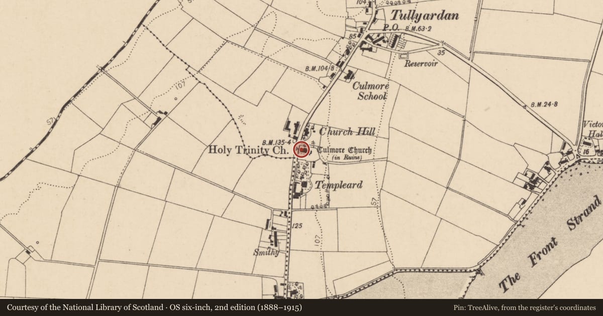 Ordnance Survey six-inch map, 2nd edition (1888–1915) covering the location of Holy Trinity Church, Culmore, Derry City and Strabane, with a pin at the register's coordinates