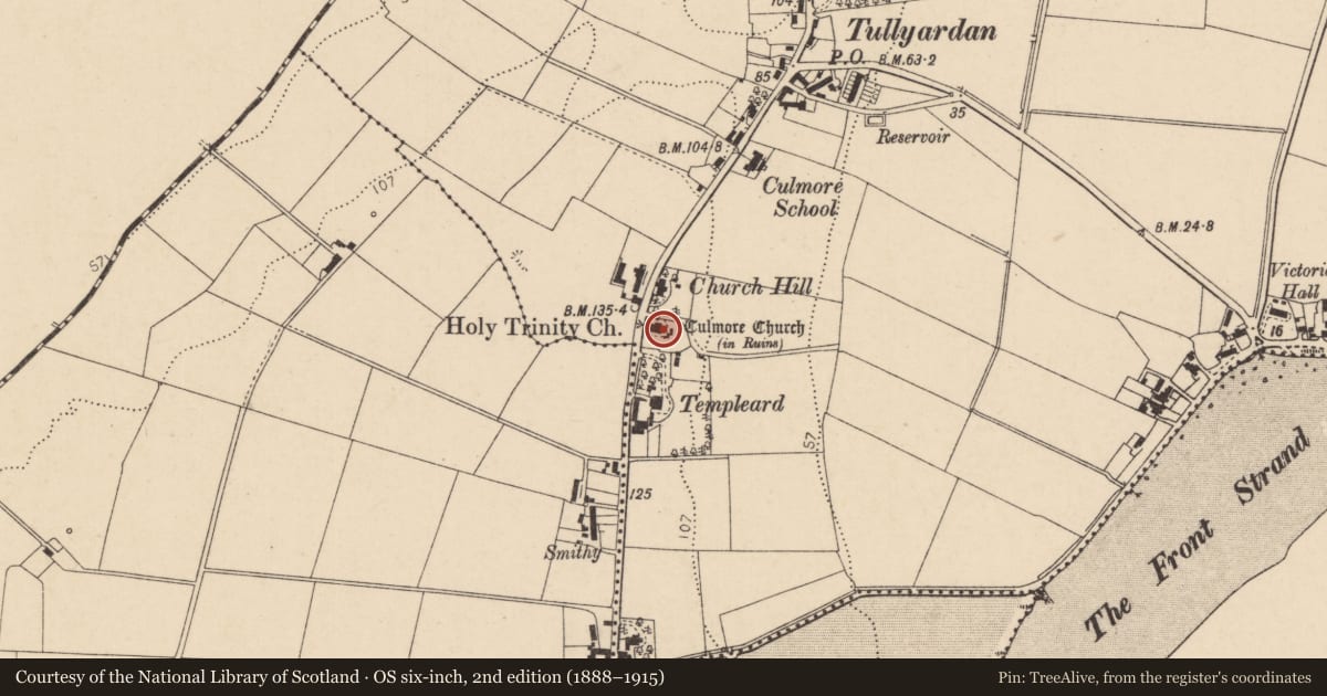 Ordnance Survey six-inch map, 2nd edition (1888–1915) covering the location of Church Ruins, Culmore, Derry City and Strabane, with a pin at the register's coordinates