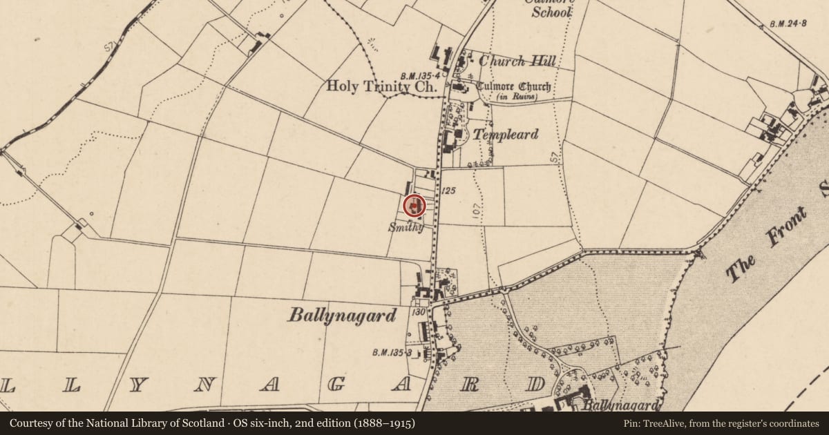 Ordnance Survey six-inch map, 2nd edition (1888–1915) covering the location of 174 Culmore Road, Ballynagard, Derry City and Strabane, with a pin at the register's coordinates