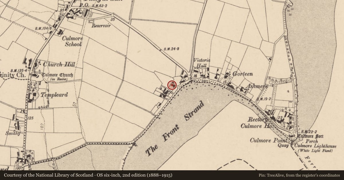 Ordnance Survey six-inch map, 2nd edition (1888–1915) covering the location of 28 Culmore Point Road, Derry City and Strabane, with a pin at the register's coordinates