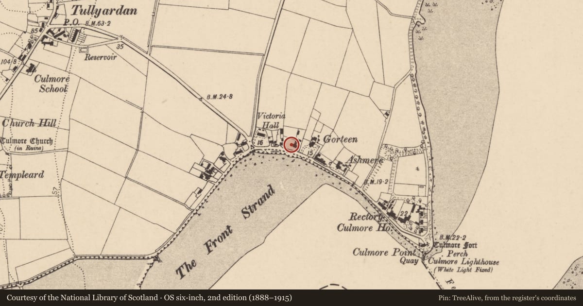 Ordnance Survey six-inch map, 2nd edition (1888–1915) covering the location of 40 Culmore Point Road, Derry City and Strabane, with a pin at the register's coordinates