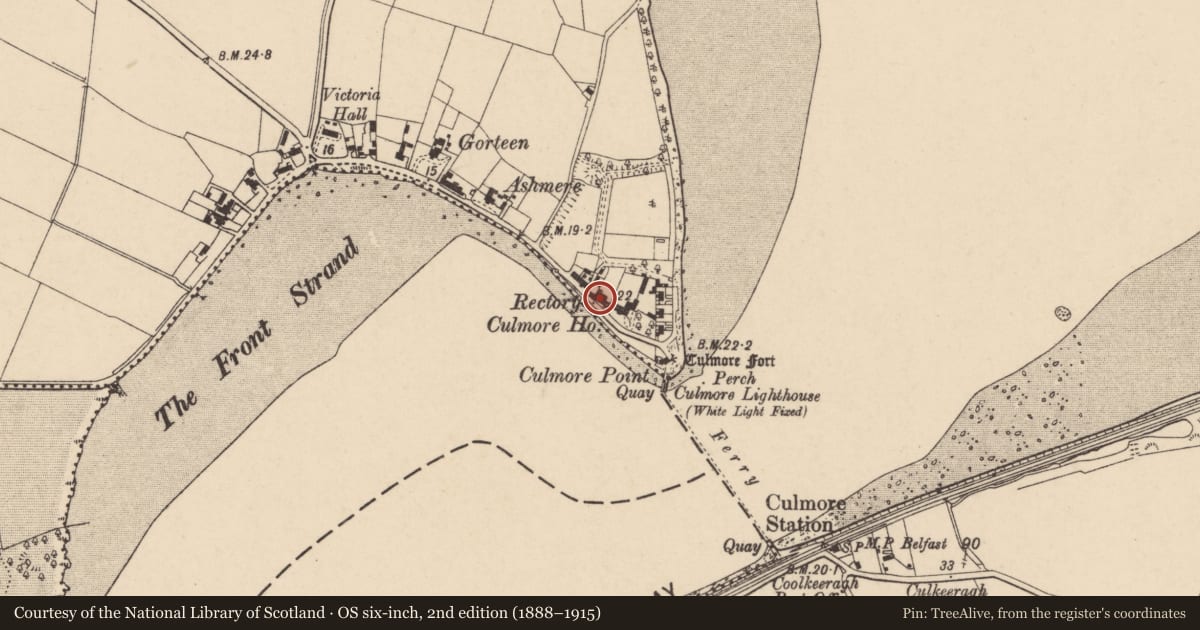 Ordnance Survey six-inch map, 2nd edition (1888–1915) covering the location of Old Rectory, Culmore, Derry City and Strabane, with a pin at the register's coordinates