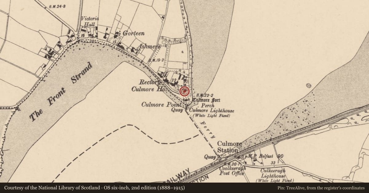 Ordnance Survey six-inch map, 2nd edition (1888–1915) covering the location of 76 Culmore Point Road, Derry City and Strabane, with a pin at the register's coordinates