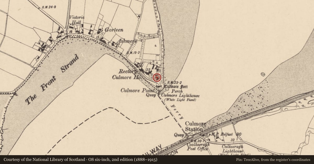 Ordnance Survey six-inch map, 2nd edition (1888–1915) covering the location of 78 Culmore Point Road, Derry City and Strabane, with a pin at the register's coordinates