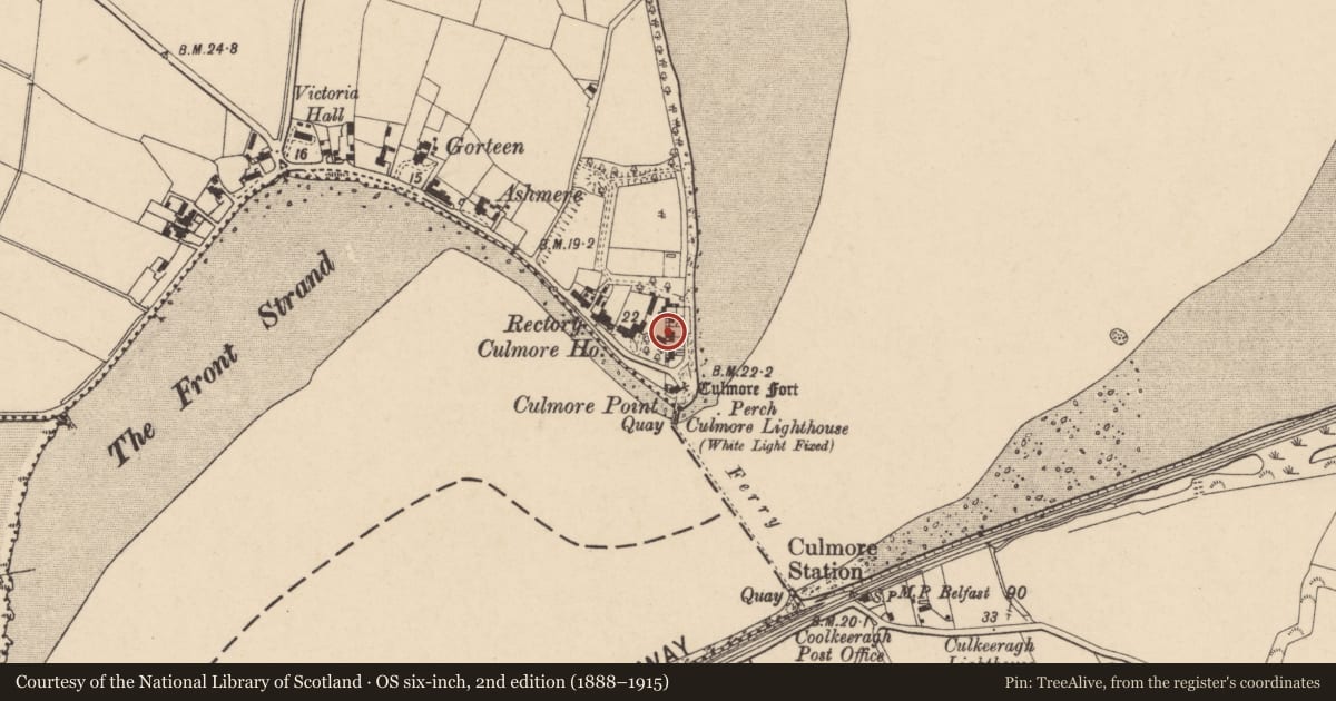 Ordnance Survey six-inch map, 2nd edition (1888–1915) covering the location of 82 Culmore Point Road, Derry City and Strabane, with a pin at the register's coordinates