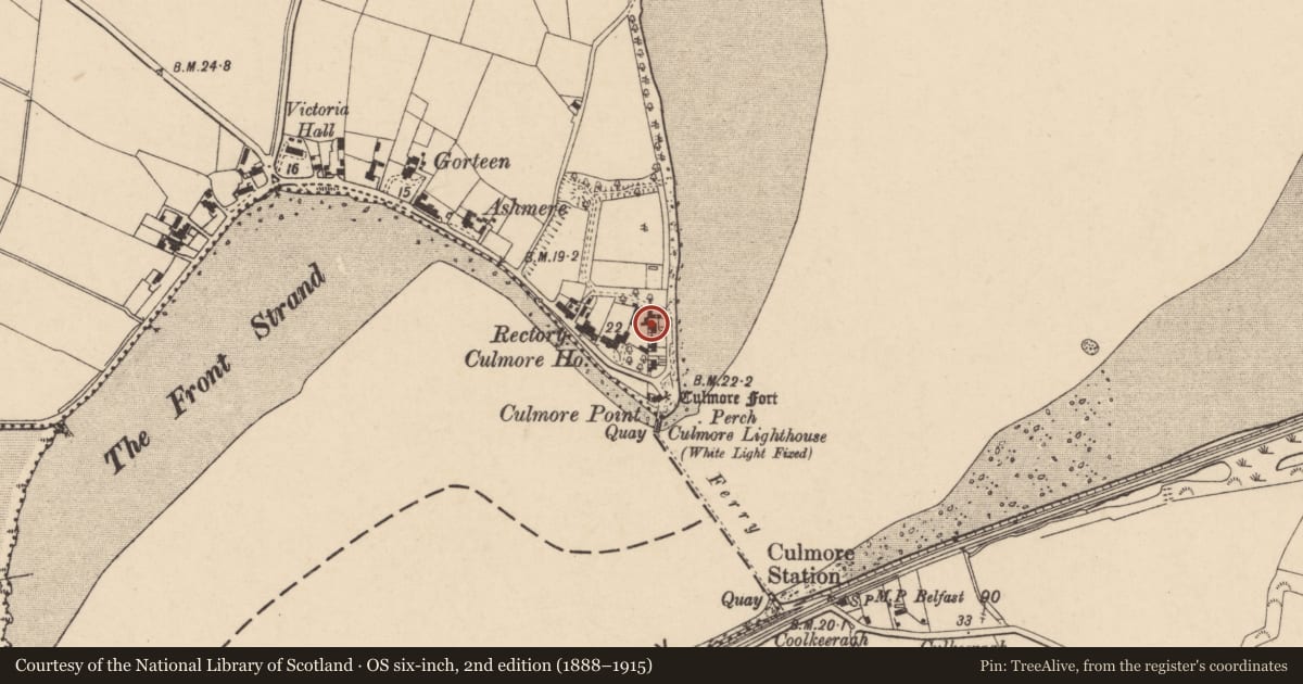 Ordnance Survey six-inch map, 2nd edition (1888–1915) covering the location of 86 Culmore Point Road, Derry City and Strabane, with a pin at the register's coordinates