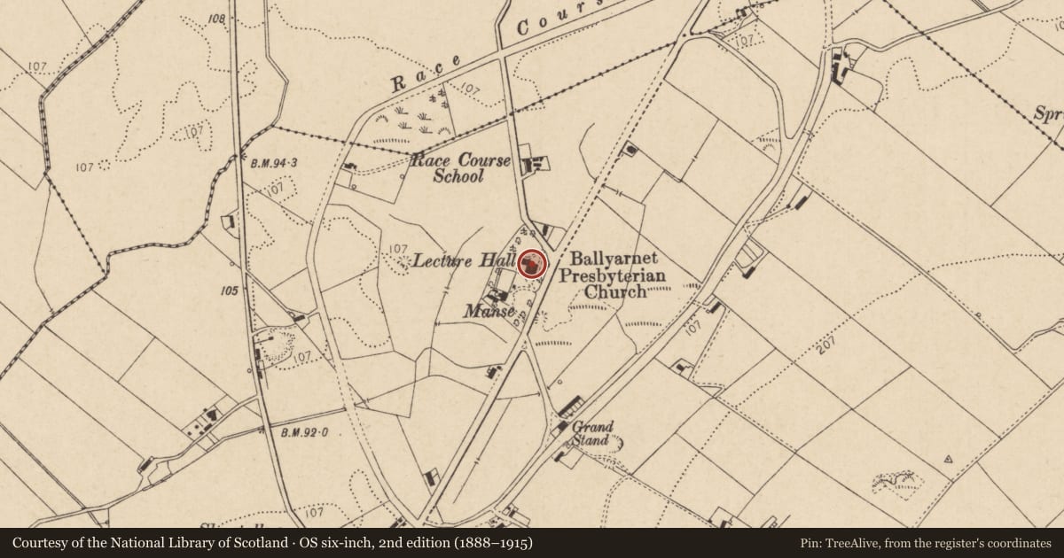 Ordnance Survey six-inch map, 2nd edition (1888–1915) covering the location of Ballyarnett Presbyterian Church, Shantallow, Derry City and Strabane, with a pin at the register's coordinates