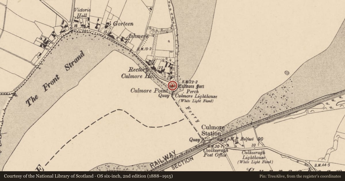 Ordnance Survey six-inch map, 2nd edition (1888–1915) covering the location of Culmore Fort, Derry City and Strabane, with a pin at the register's coordinates
