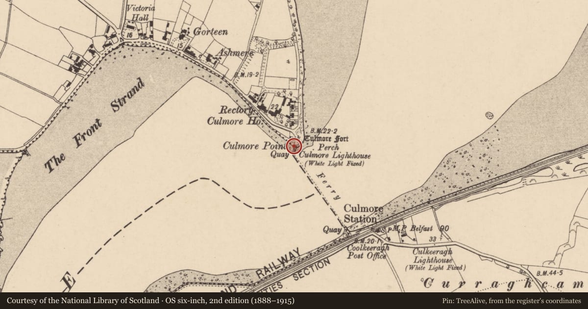Ordnance Survey six-inch map, 2nd edition (1888–1915) covering the location of Lighthouse, Culmore, Derry City and Strabane, with a pin at the register's coordinates