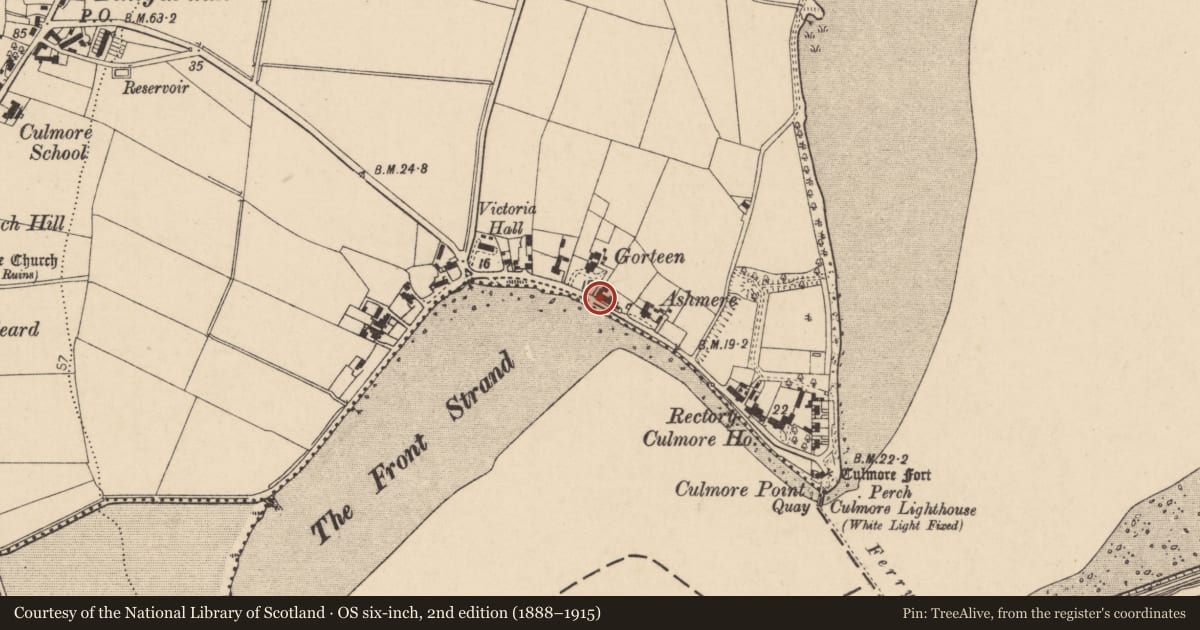 Ordnance Survey six-inch map, 2nd edition (1888–1915) covering the location of 46 Culmore Point Road, Derry City and Strabane, with a pin at the register's coordinates