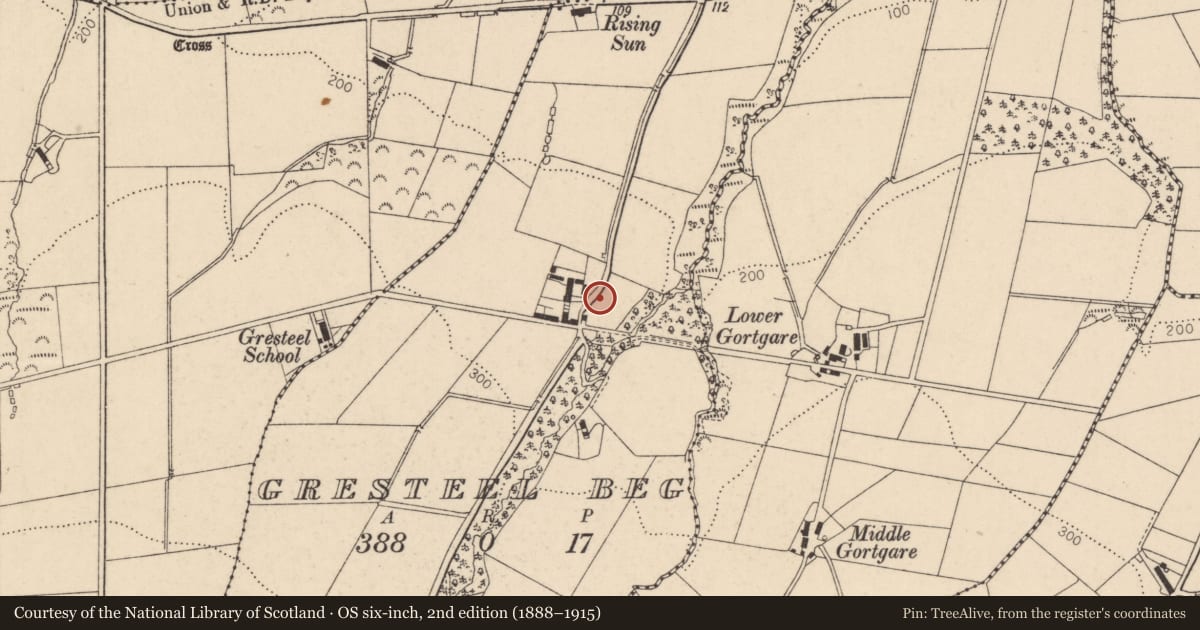 Ordnance Survey six-inch map, 2nd edition (1888–1915) covering the location of 11 Sheskin Road, Gresteel Beg, Causeway Coast and Glens, with a pin at the register's coordinates