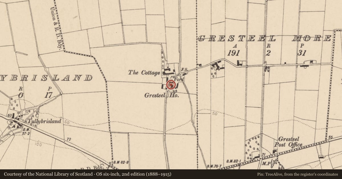 Ordnance Survey six-inch map, 2nd edition (1888–1915) covering the location of Gresteel House, Gresteel Beg, Causeway Coast and Glens, with a pin at the register's coordinates