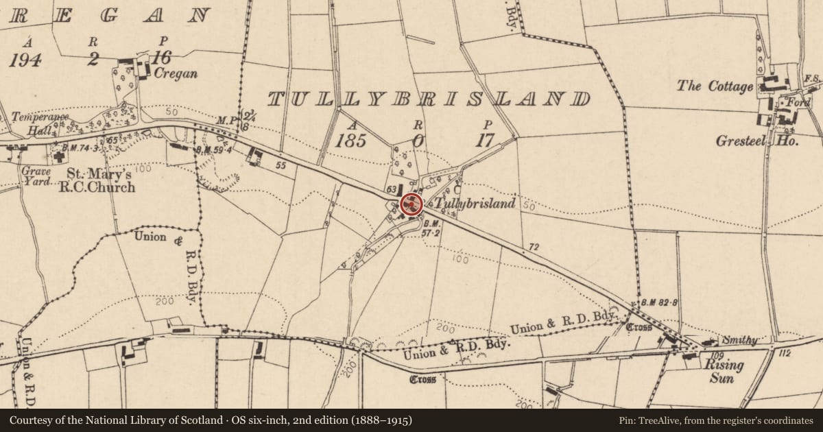 Ordnance Survey six-inch map, 2nd edition (1888–1915) covering the location of 141 Clooney Road, Tullybrisland, Causeway Coast and Glens, with a pin at the register's coordinates