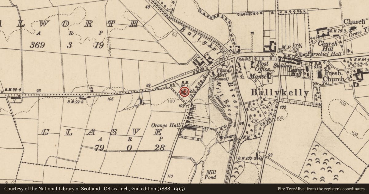 Ordnance Survey six-inch map, 2nd edition (1888–1915) covering the location of Glasvey House, Causeway Coast and Glens, with a pin at the register's coordinates