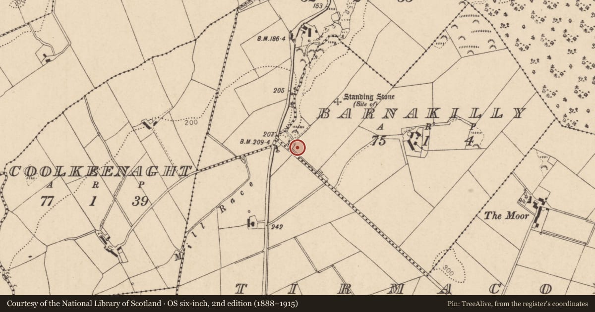 Ordnance Survey six-inch map, 2nd edition (1888–1915) covering the location of House, Tirmacoy Road, Barnakilly, Causeway Coast and Glens, with a pin at the register's coordinates