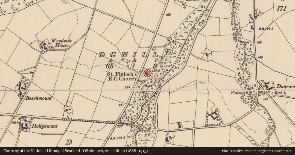 Ordnance Survey six-inch map, 2nd edition (1888–1915) covering the location of St Finloch’s R C Church, Oghill, Causeway Coast and Glens, with a pin at the register's coordinates