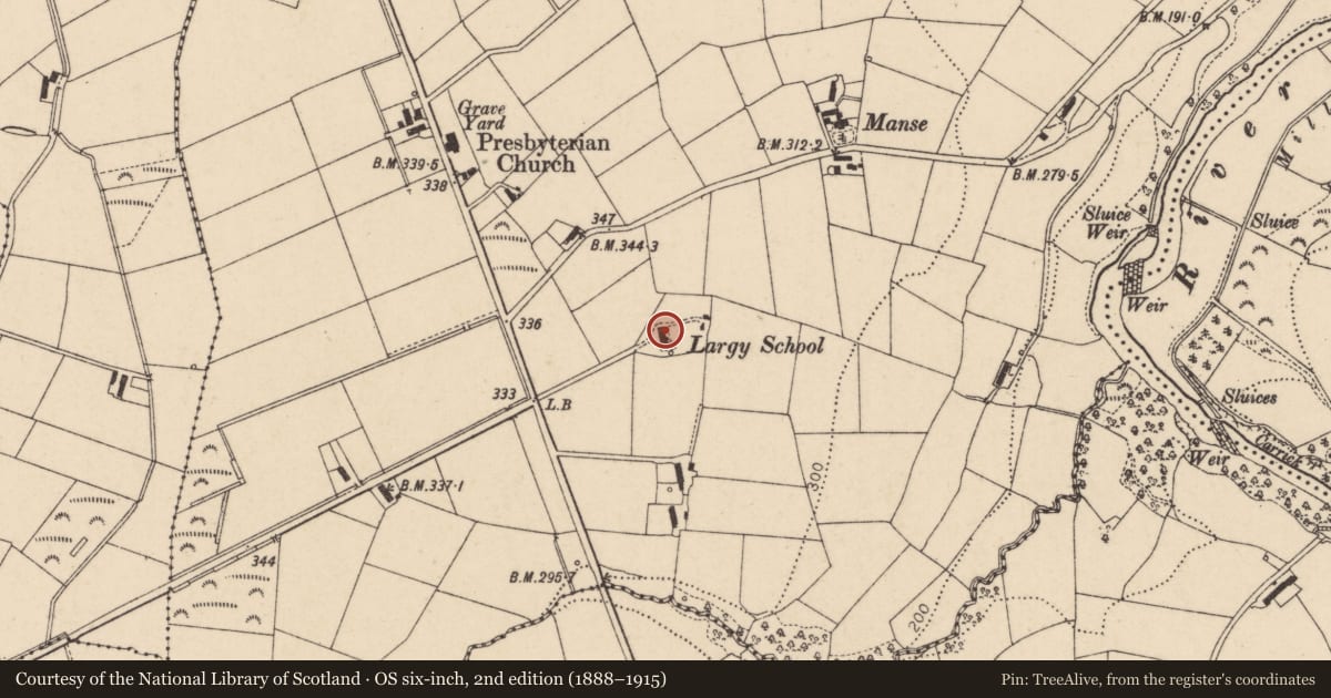 Ordnance Survey six-inch map, 2nd edition (1888–1915) covering the location of Largy County Primary School, Causeway Coast and Glens, with a pin at the register's coordinates