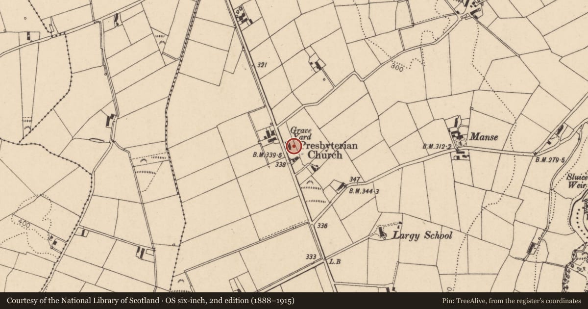 Ordnance Survey six-inch map, 2nd edition (1888–1915) covering the location of Largy Presbyterian Church, Causeway Coast and Glens, with a pin at the register's coordinates