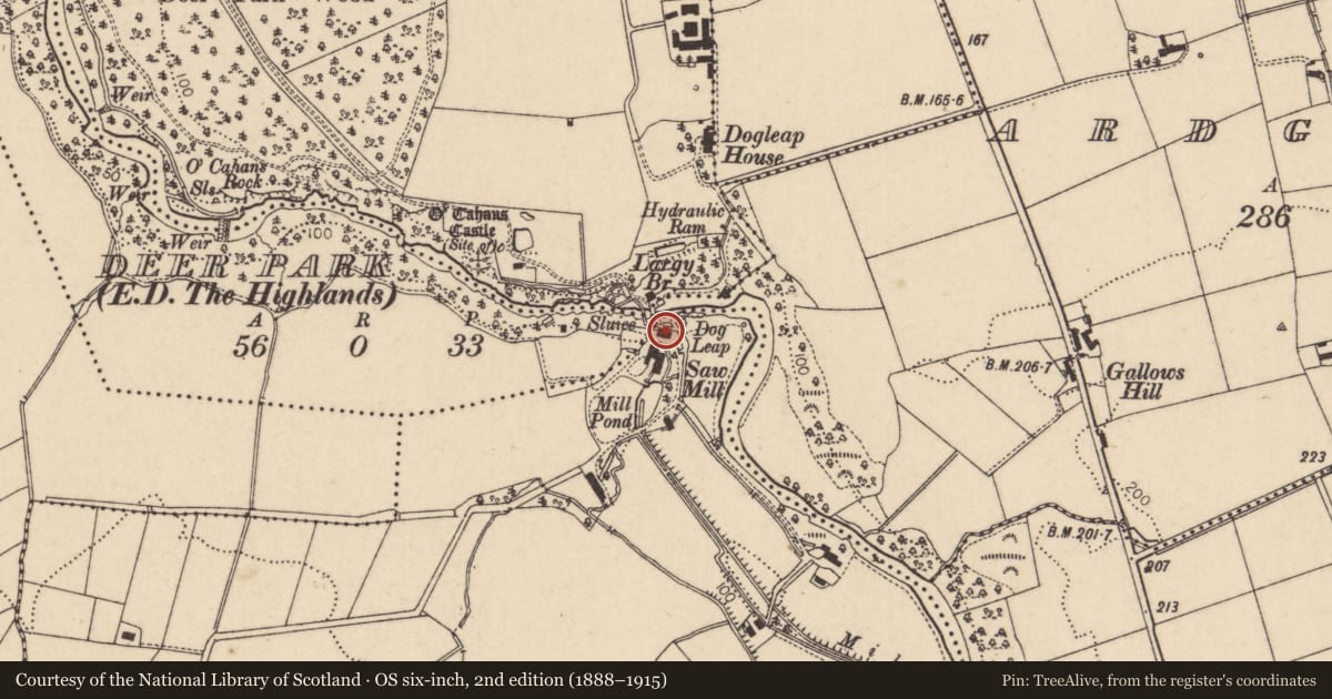 Ordnance Survey six-inch map, 2nd edition (1888–1915) covering the location of Dogleap Powerhouse, Largy, Causeway Coast and Glens, with a pin at the register's coordinates