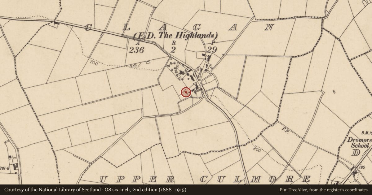 Ordnance Survey six-inch map, 2nd edition (1888–1915) covering the location of Alcorn House, Clagan, Causeway Coast and Glens, with a pin at the register's coordinates