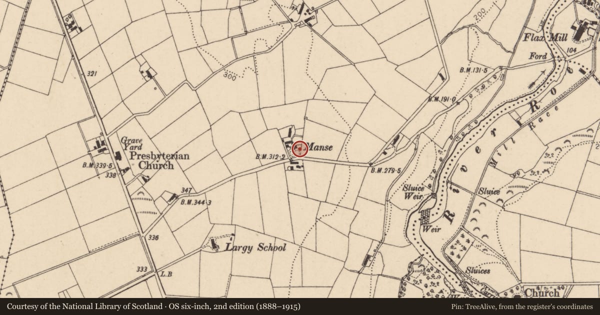 Ordnance Survey six-inch map, 2nd edition (1888–1915) covering the location of Largy Manse, Causeway Coast and Glens, with a pin at the register's coordinates
