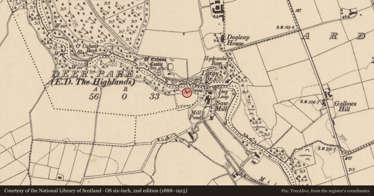 Ordnance Survey six-inch map, 2nd edition (1888–1915) covering the location of Corn Drying Shed, Largy, Causeway Coast and Glens, with a pin at the register's coordinates