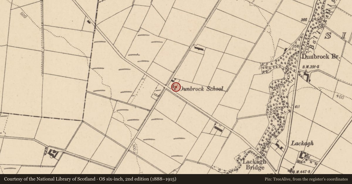 Ordnance Survey six-inch map, 2nd edition (1888–1915) covering the location of Dunbrock School, Causeway Coast and Glens, with a pin at the register's coordinates