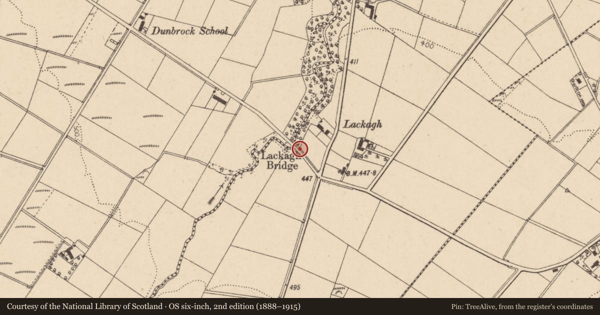 Ordnance Survey six-inch map, 2nd edition (1888–1915) covering the location of Lackagh Bridge, Causeway Coast and Glens, with a pin at the register's coordinates