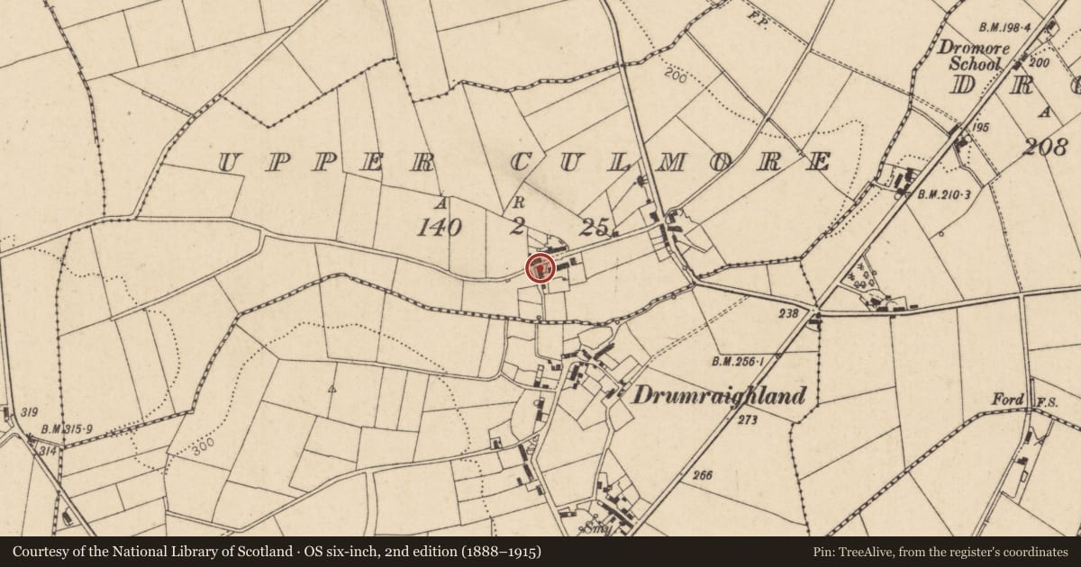 Ordnance Survey six-inch map, 2nd edition (1888–1915) covering the location of 84 Highlands Road, Upper Culmore, Causeway Coast and Glens, with a pin at the register's coordinates