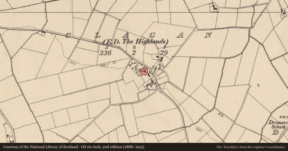 Ordnance Survey six-inch map, 2nd edition (1888–1915) covering the location of 116 Highlands Road, Clagan, Causeway Coast and Glens, with a pin at the register's coordinates