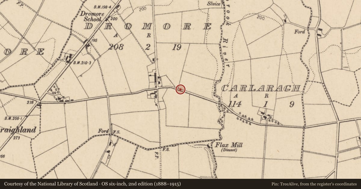 Ordnance Survey six-inch map, 2nd edition (1888–1915) covering the location of Water Pump, Dromore, Causeway Coast and Glens, with a pin at the register's coordinates