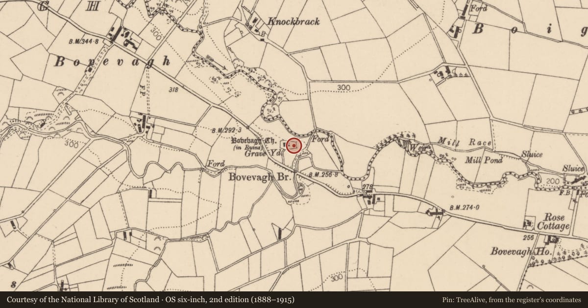 Ordnance Survey six-inch map, 2nd edition (1888–1915) covering the location of Bovevagh Church (Ruins of), Causeway Coast and Glens, with a pin at the register's coordinates