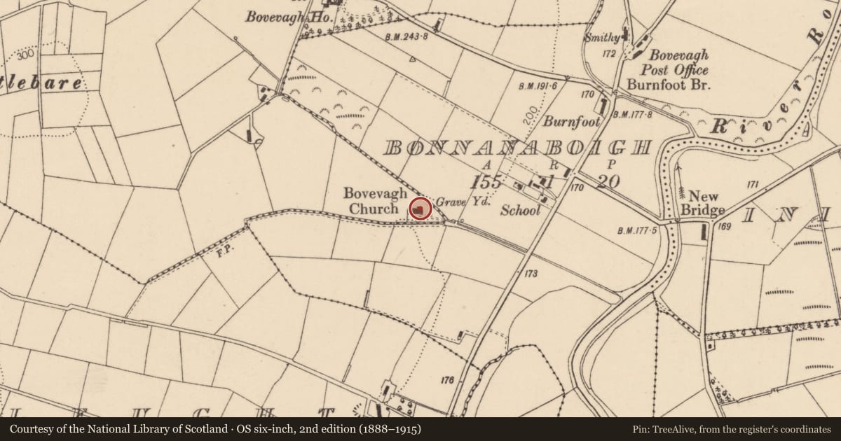 Ordnance Survey six-inch map, 2nd edition (1888–1915) covering the location of St Eugenius Church (C of I), Bovevagh, Causeway Coast and Glens, with a pin at the register's coordinates